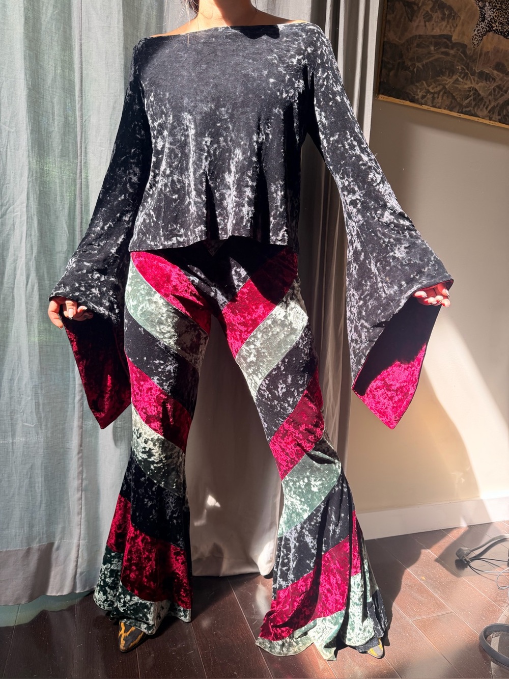 Norma Kamali red, Olive & Black bell bottom pants and top black and red